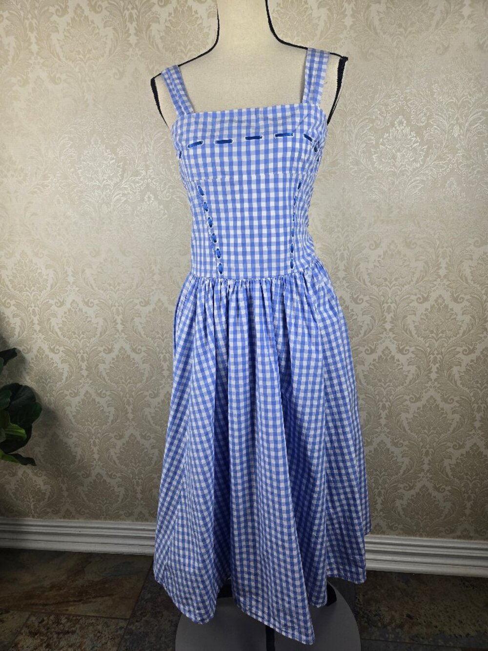 Commense Size Medium Blue White Gingham Check Dress Removable Straps Feminine